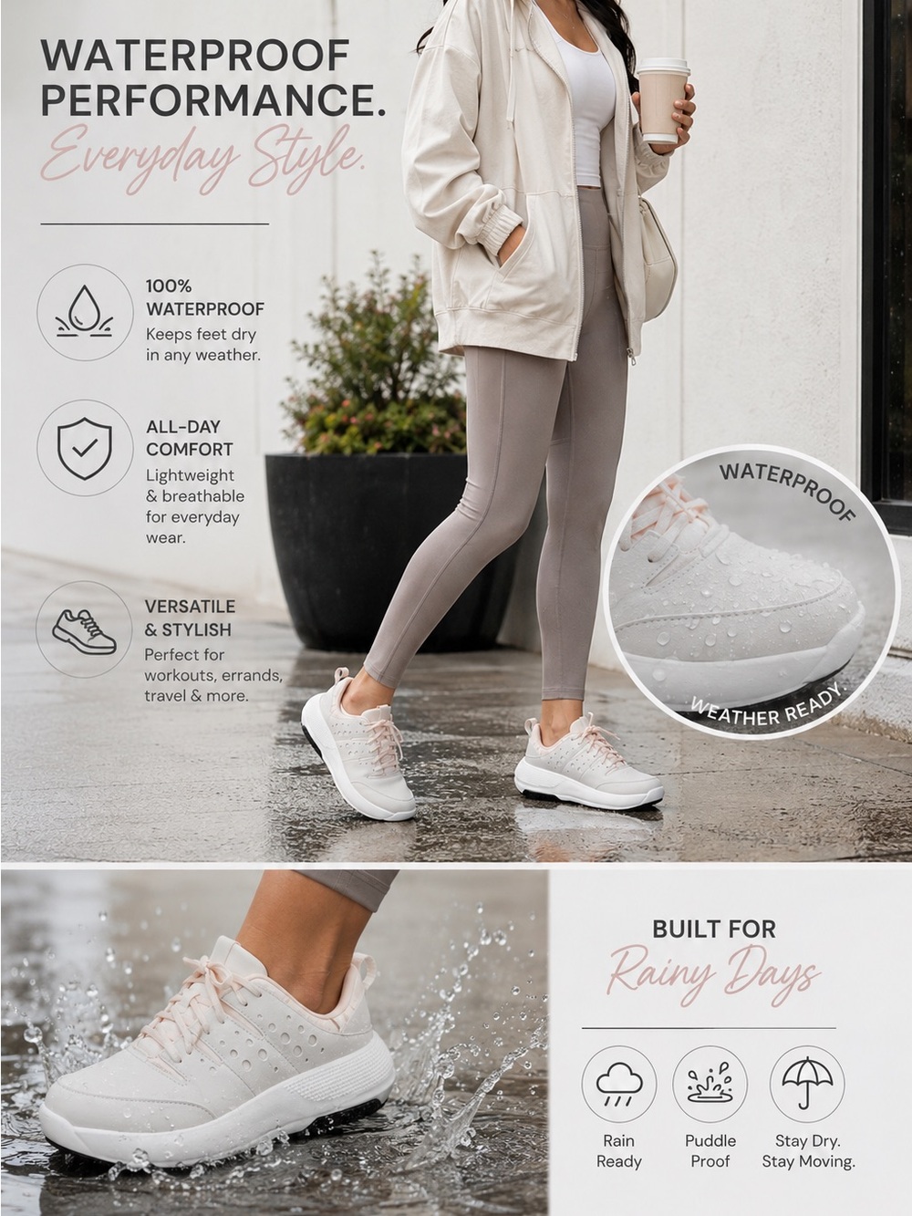 CROCS Women's Waterproof Athletic Sneakers in Light Pink and White